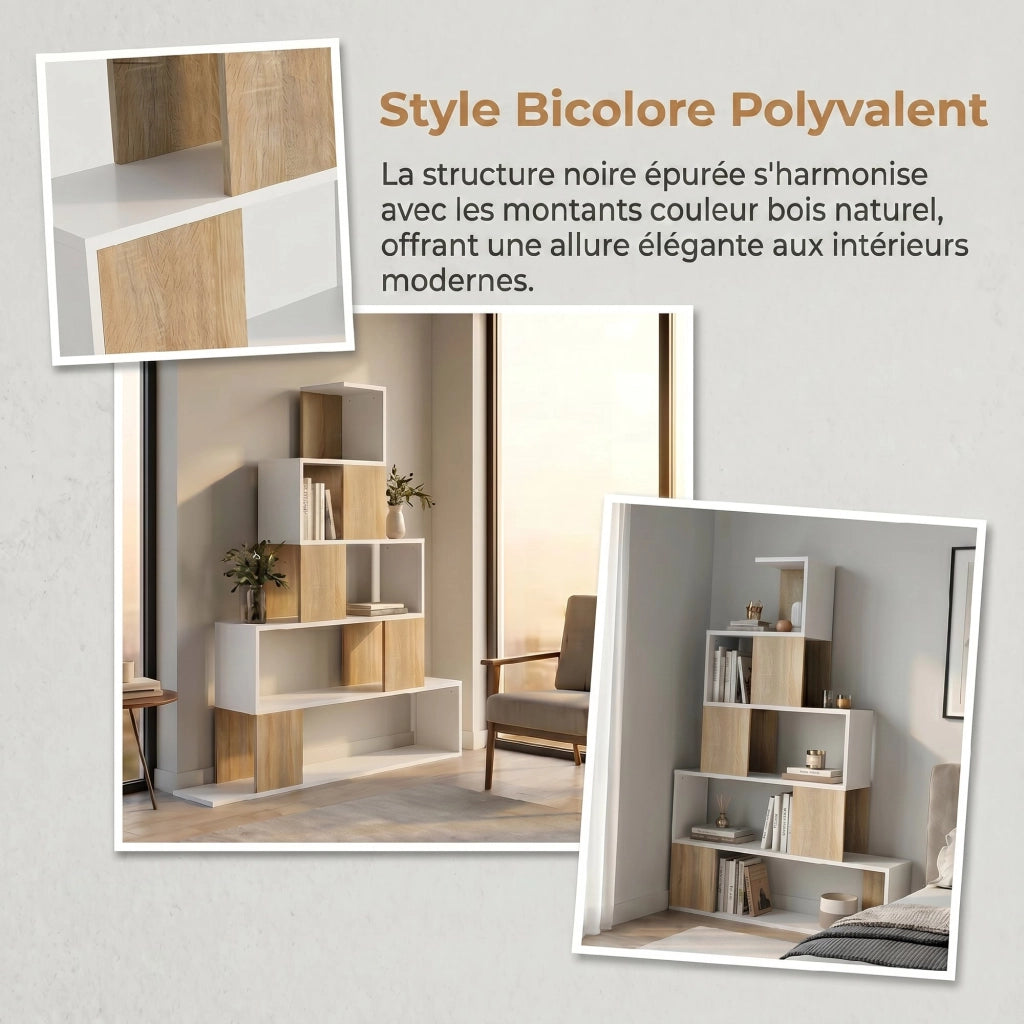 Libreria geometrica 5 livelli ¨C Xylo ¨C legno naturale e bianco