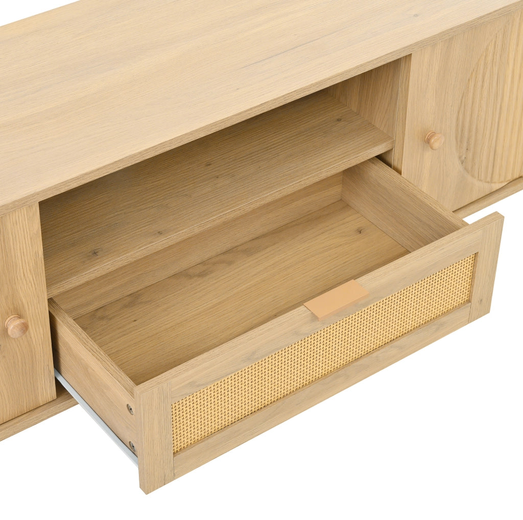 Mobile TV in MDF naturale con cassetto in rattan, ante e passacavi, 175 cm
