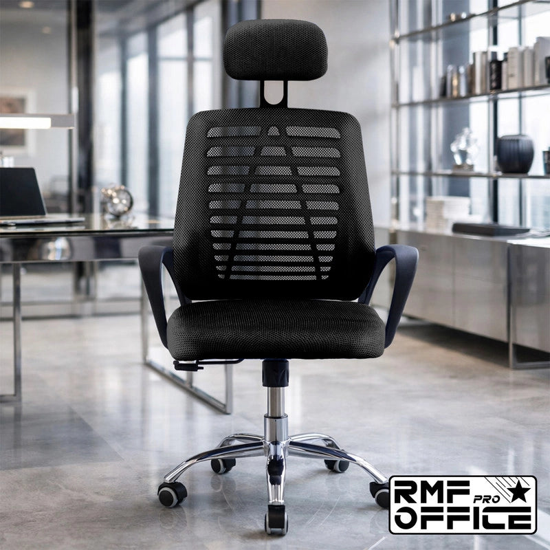 RMF Sedia Ufficio Ergonomica Professionale Reclinabile, Sedia Scrivania in Rete con Seduta Comoda e Rilassante - Poltrona Relax Ufficio con Ruote Girevoli Altezza Regolabile Nero