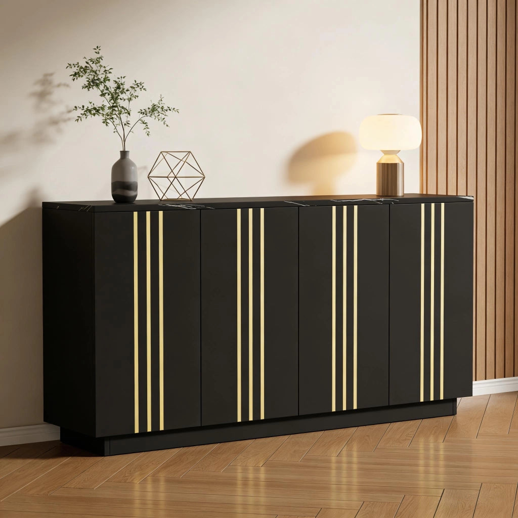 Credenza con 4 ante e scomparti interni 140 cm; in truciolare nero e oro