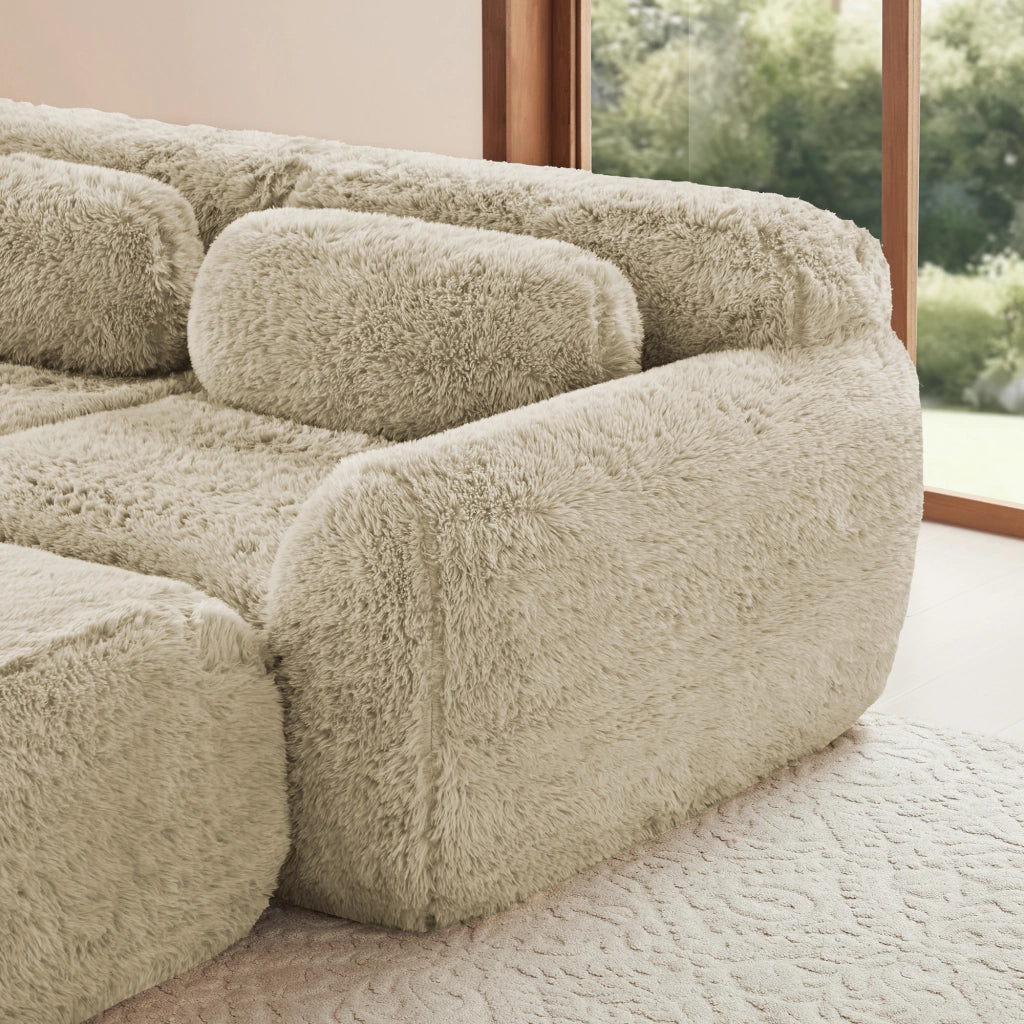 Divano modulare senza braccioli con cuscino in tessuto peluche, seduta ampia, beige cachi chiaro