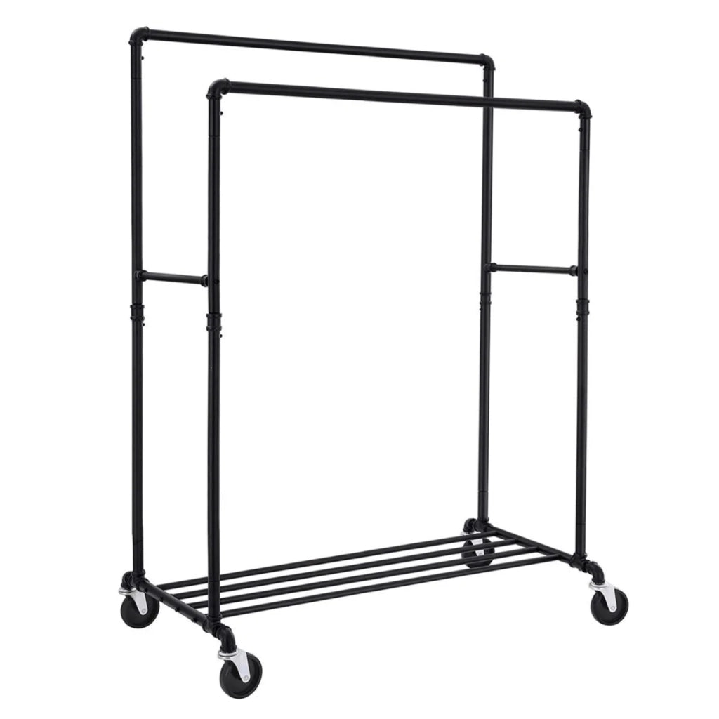 Appendiabiti con ruote capacità di carico 110 kg due barre appendiabiti mobili ripiano in metallo nero di qualità commerciale 12_0007064