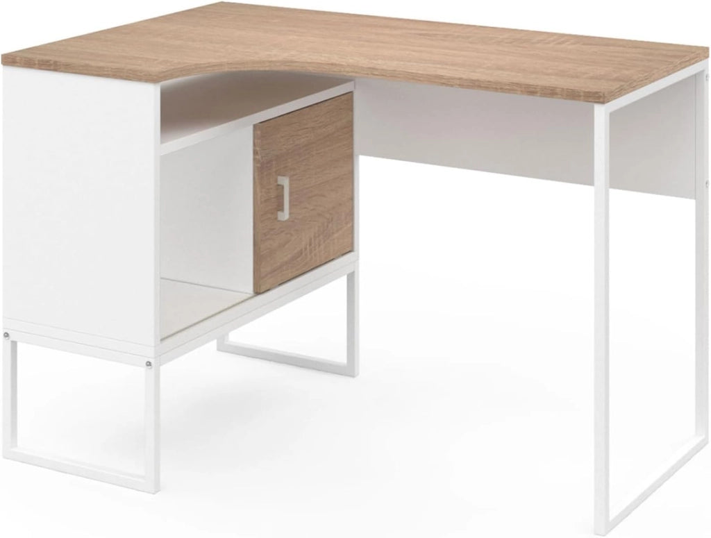 Scrivania angolare ROB in bianco e faggio con nicchia di contenimento e anta dal design industriale