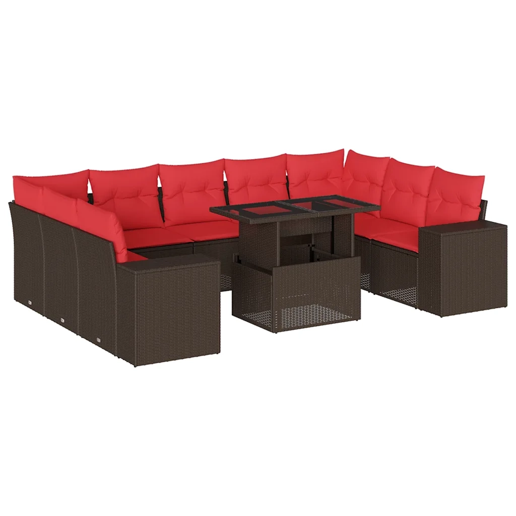 Set Divani da Giardino 10 pz con Cuscini Marrone in Polyrattan 3269374