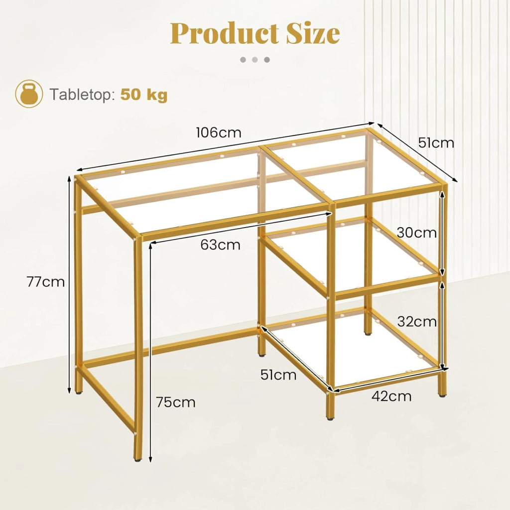 Scrivania in Vetro Temperato 106 x 51 x 77 cm, Tavolo PC Multifunzionale Salvaspazio con 2 Ripiani, Consolle Trucco Moderna per Camera da Letto, Studio, Ufficio e Soggiorno (Oro)