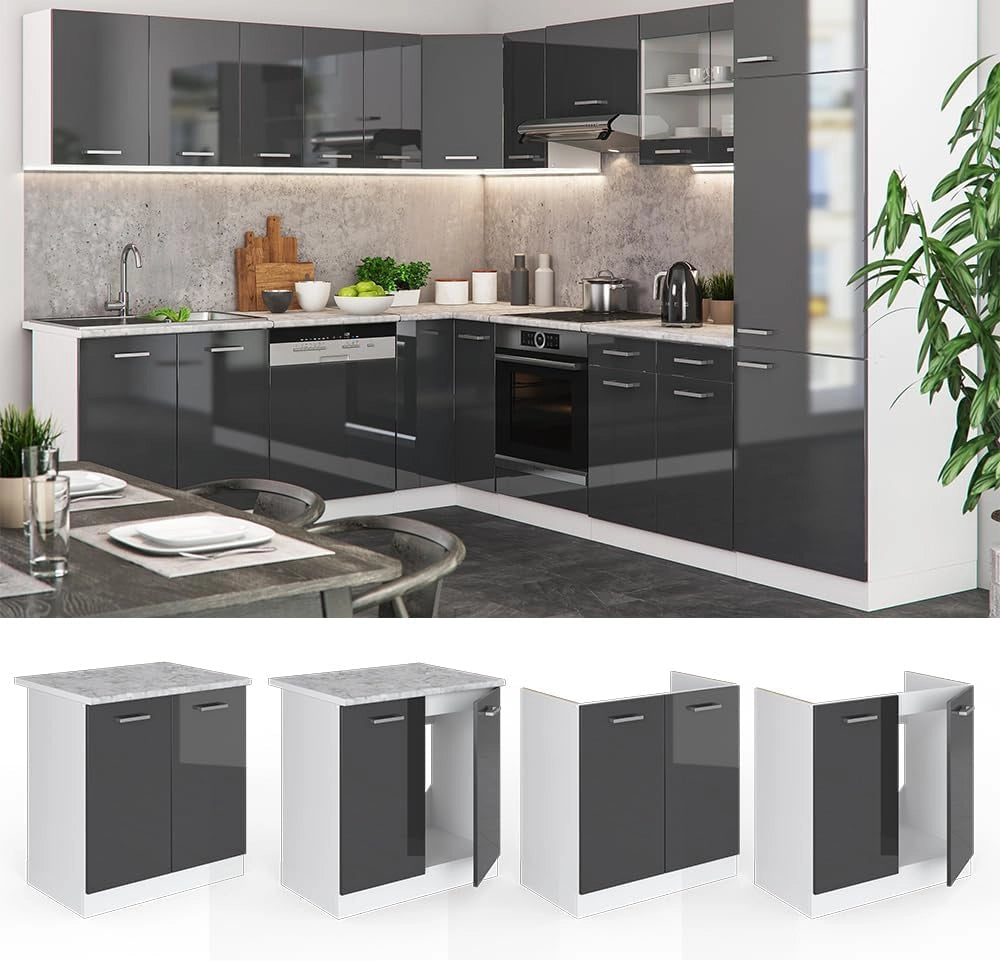 Mobile lavello cucina R-Line, Antracite lucido, 80 cm, PL Marmo, per la libera combinazione all'interno di sistemi cucina modulari