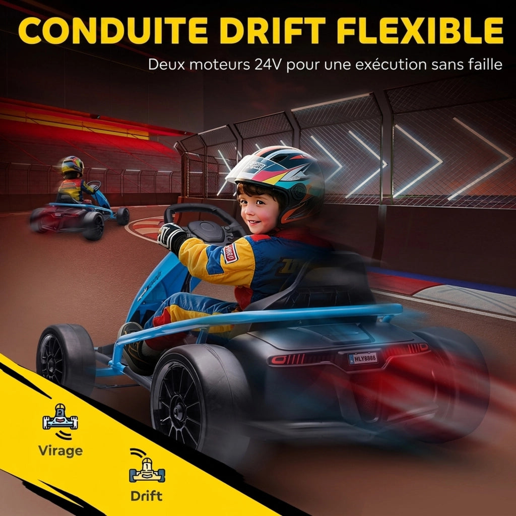 Kart Électrique pour Enfants 24 V Go Kart Mode Drift 8 à 12 ans Bleu