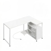 Scrivania ad angolo con prese elettriche; 3 vani e 2 cassetti - per studio - bianco