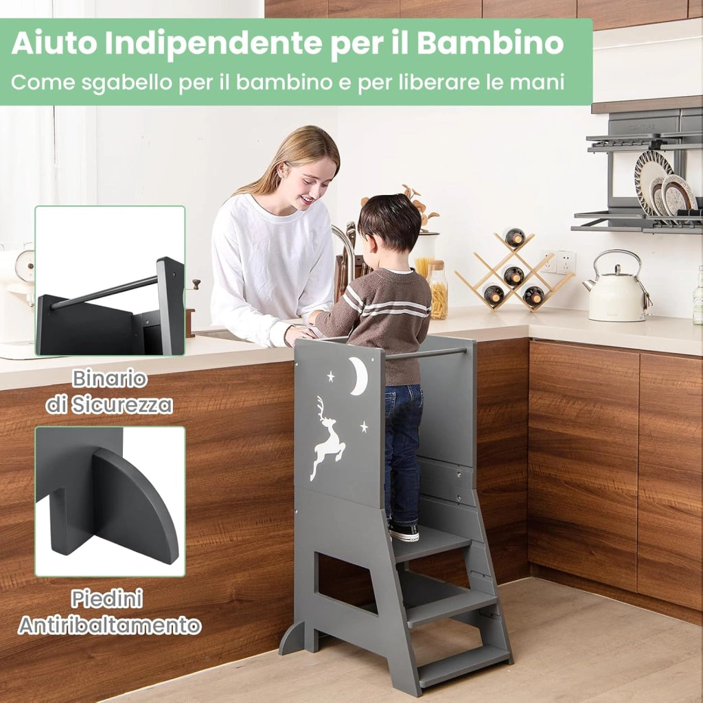 Torre per Bambini 2 in 1, Sgabello da Cucina per Bambini con 3 Penne, Lavagna Bianca e Nera, Piattaforma e Gradino Regolabili, per Bambini da 1 a 7 Anni, Capacità di Carico 70 kg (Grigio)