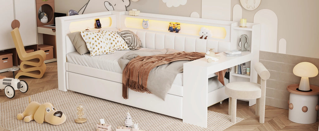 DESMIU Divano letto 90 × 200 cm con LED, USB, letto estraibile e scrivania, senza materasso, bianco