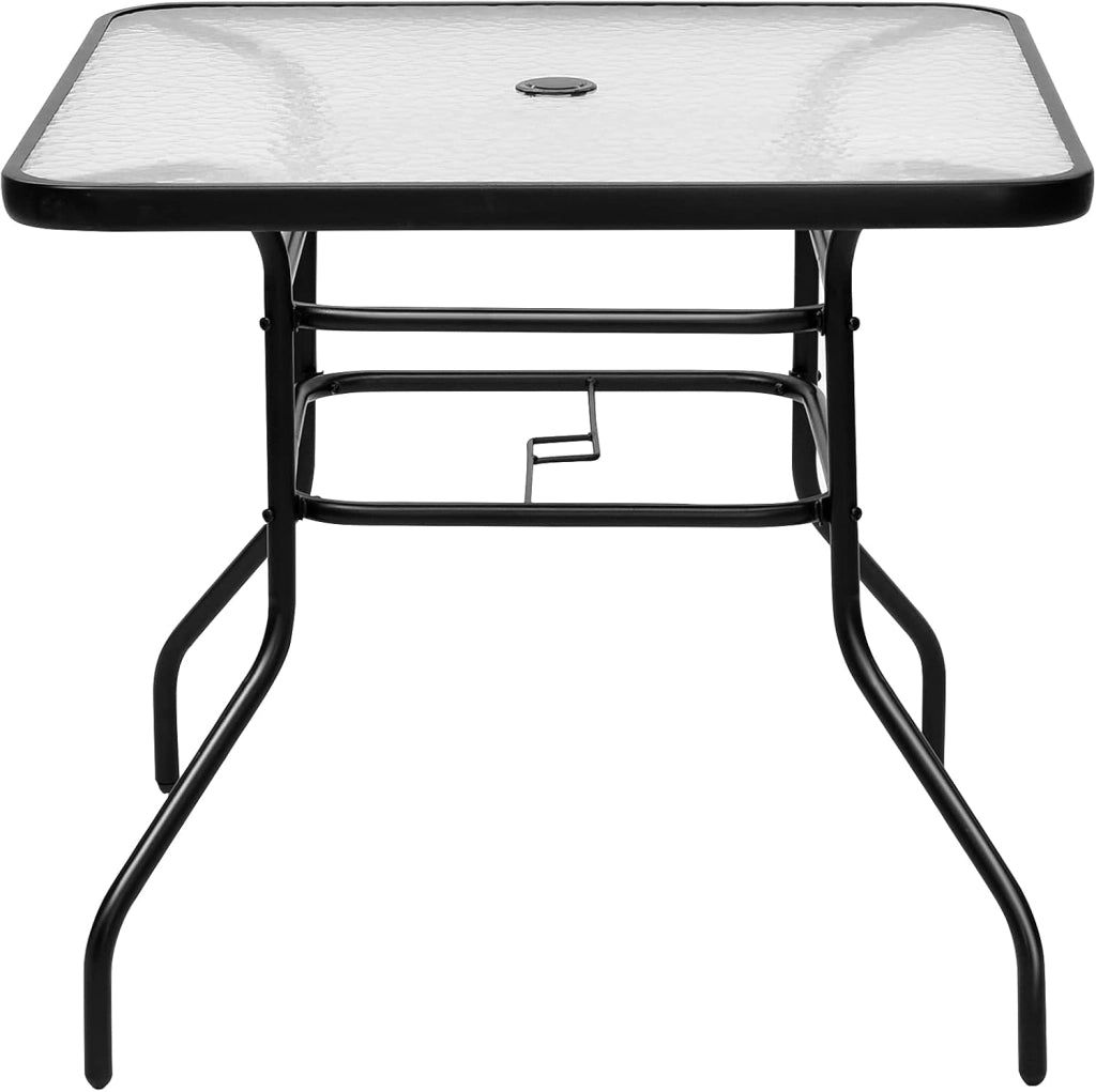 Tavolino in Vetro, con Foro di 40 mm per Ombrellone, 2 Anelli di Fissaggio, Tavolino Multiuso da Esterno, Giardino, Cortile, Balcone, Portata di 80 kg, 81x81x71 cm (Quadrato)
