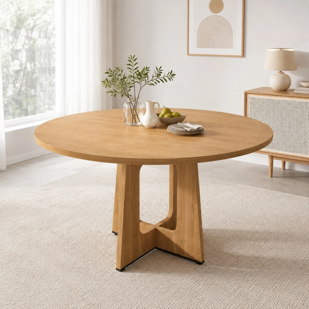 Tavolo rotondo da pranzo ? 120 cm in MDF effetto rovere; per 4-6 persone
