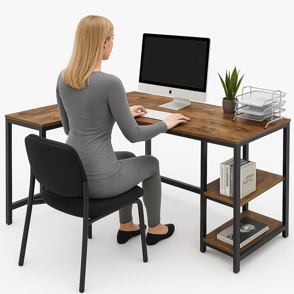 Scrivania Angolare Porta PC Stile Industriale con Libreria in Metallo e Legno mdf
