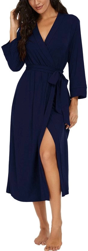 Badjas per donne, camicia da notte lunga morbida, V-collare camicia da notte, kimono da bagno informale (blu marino, M)