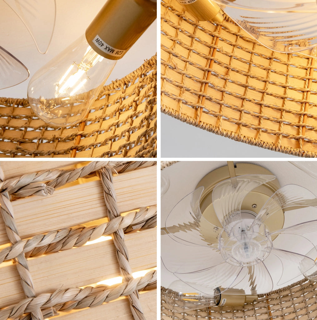 Plafoniera ventilatore a soffitto in rattan 53 cm con luci E26, app e telecomando, rame
