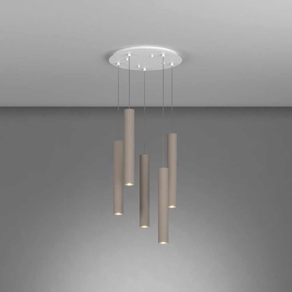 Lampadario Tondo Industrial-Minimal Xeana Metallo Bianco Marrone 5 Luci Gu10
