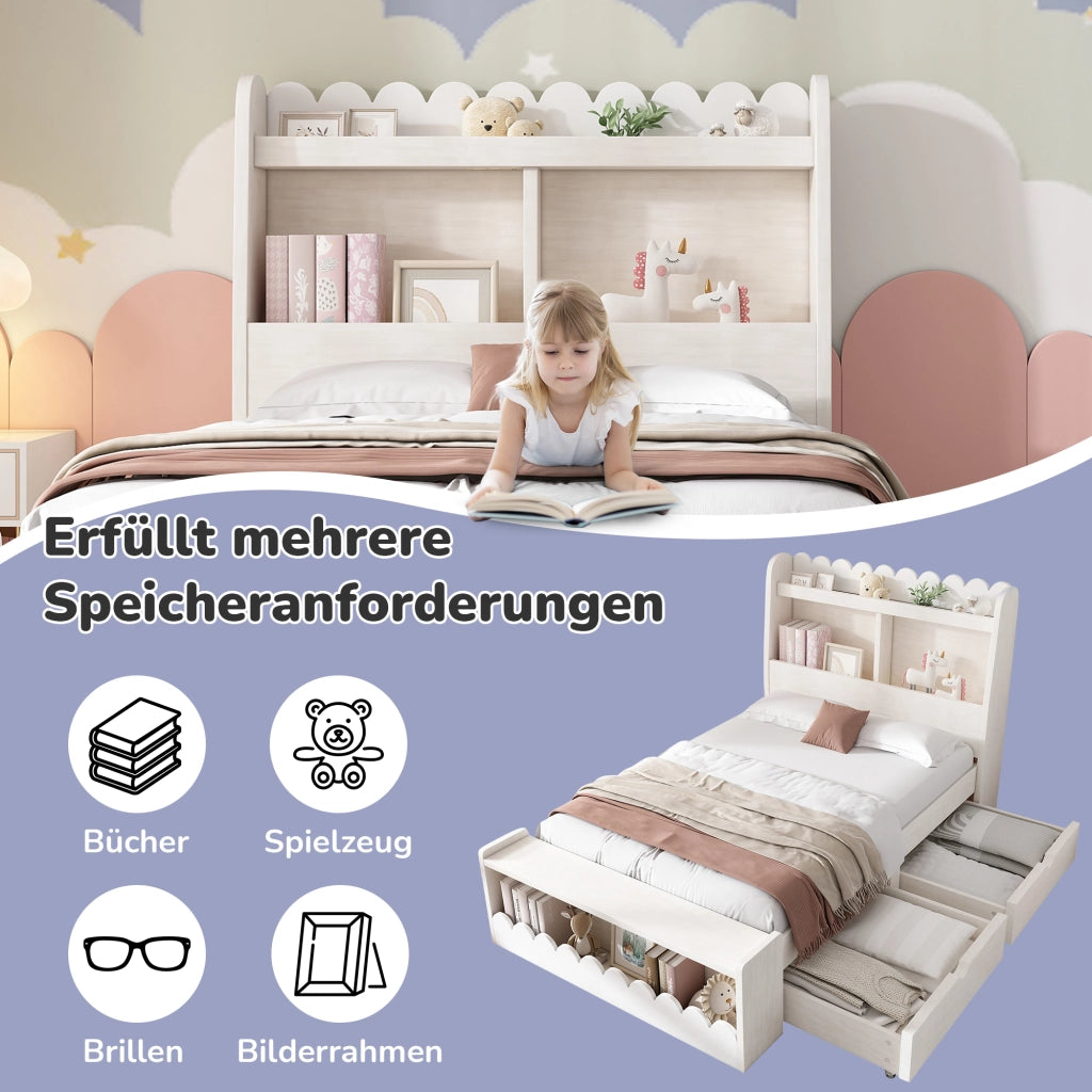 OKWISH Letto Bambino 90×200 cm, Letto Singolo con 2 Cassetti, Mensole e Panca Contenitore, senza Materasso, Legno e MDF, Bianco e Rovere