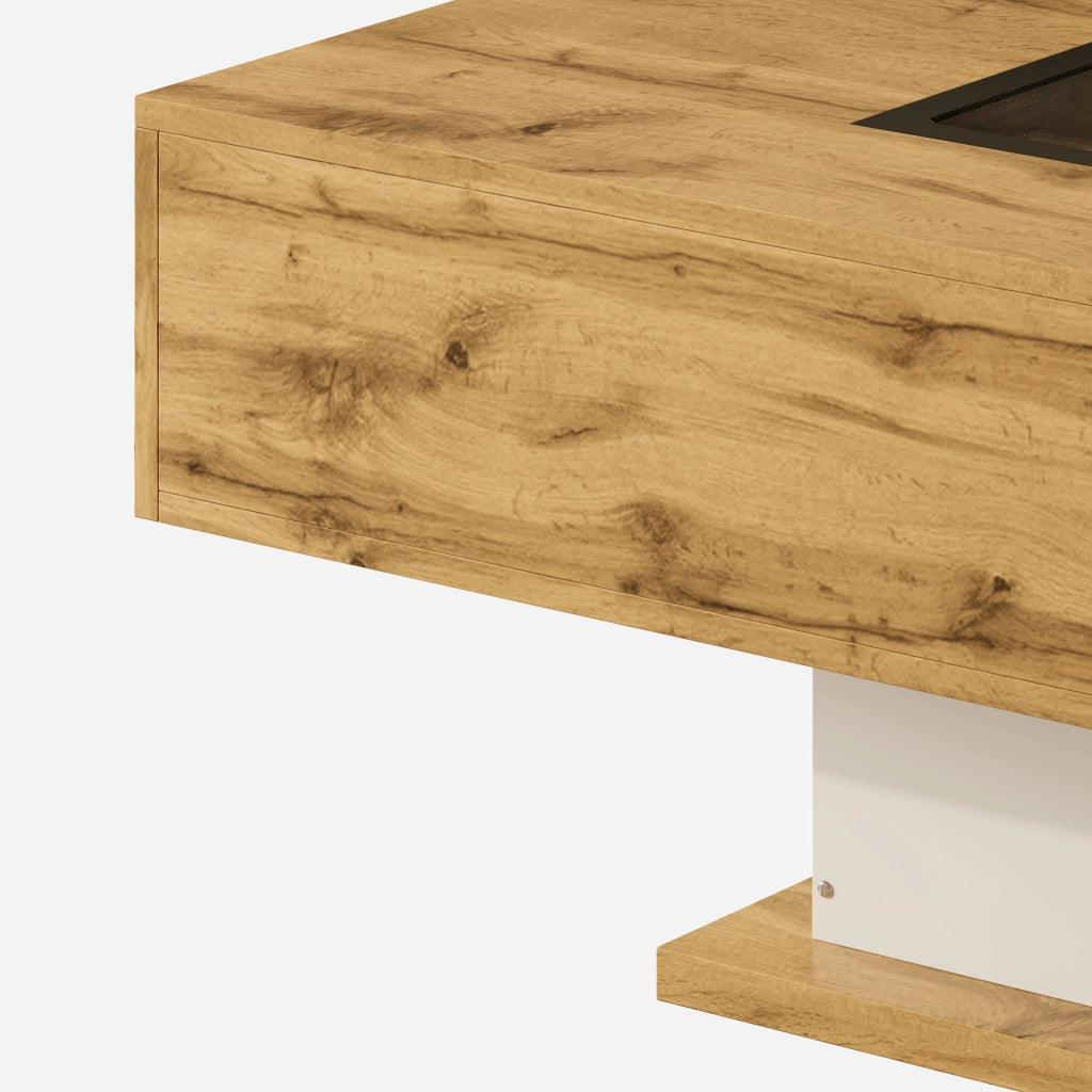 Tavolino da Caffè con 2 Cassetti e LED Regolabile; Piano in Vetro; Stile Moderno; in Pannello di Particelle; 110;2×60×39;7 cm; Naturale