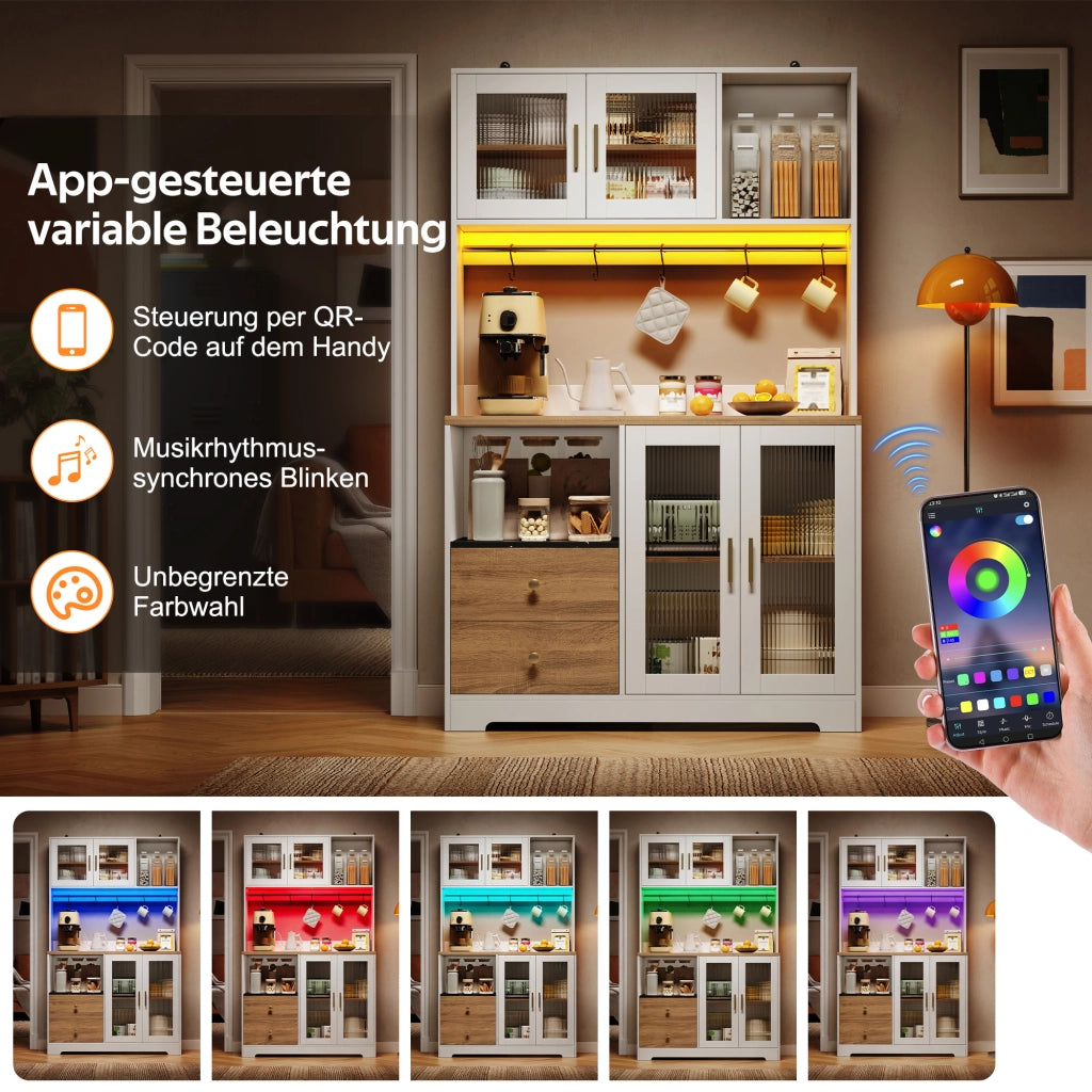 Credenza alta da cucina con LED, 4 ante in vetro temperato, prese e ripiani regolabili, per cucina, 110 × 40 × 178 cm
