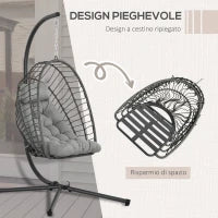 Poltrona Sospesa in Rattan PE con Cuscino, Seduta Pieghevole e Struttura in Acciaio, Grigio