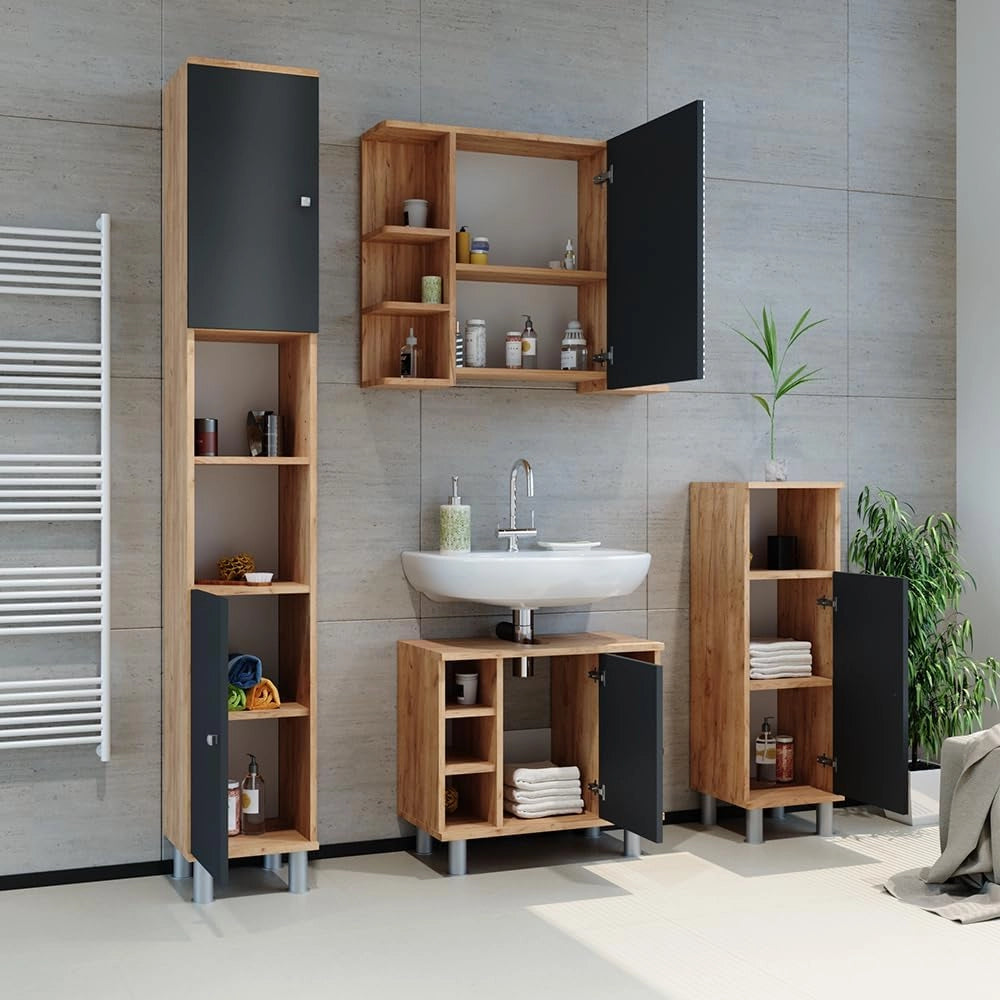 Specchio contenitore bagno Fynn, Quercia dorata, 79.6 x 64 cm, con specchio e ripiani aperti per montaggio a parete