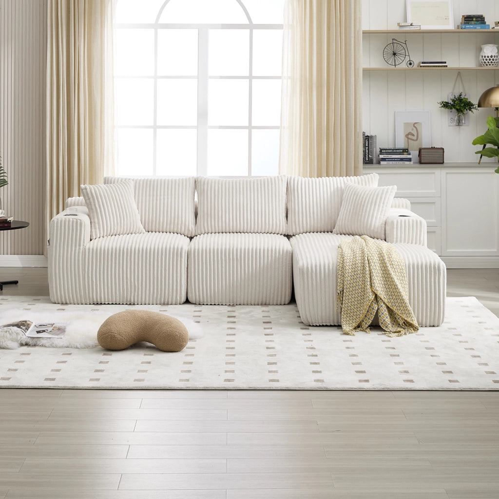 Divano modulare con chaise longue e 2 posti, tasche laterali, portabicchieri e 5 cuscini in corduroy beige