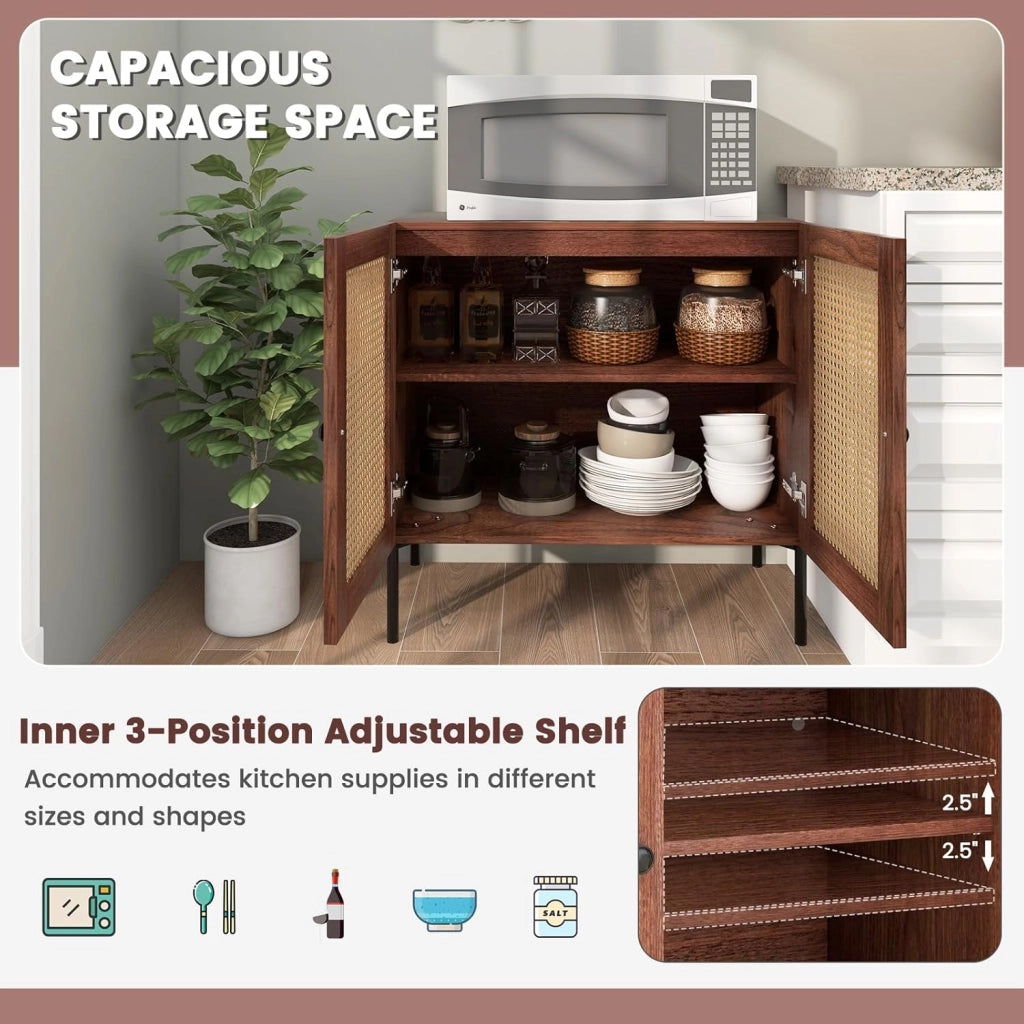 Credenza, credenza, credenza, credenza da cucina, con 2 ante e scomparti regolabili, armadietto a buffet, in legno e rattan, 80 cm x 40 cm x 80 cm (marrone)