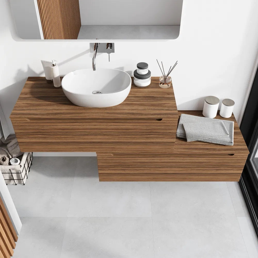 Mobile bagno sospeso modulare 90 cm rovere scuro due cassetti con top | Bako