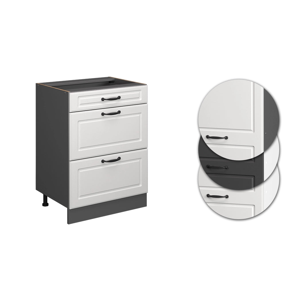Mobiletto base per cucina R-Line Bianco rustico/Antracite 60 cm con cassetti, senza piano di lavoro Vicco