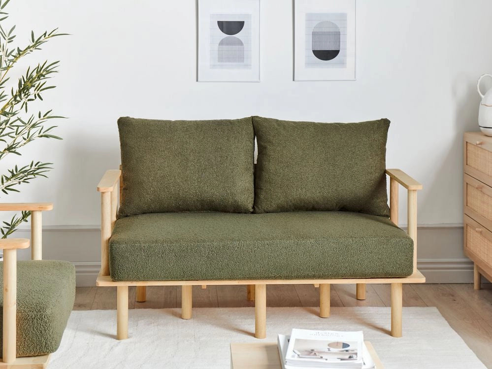 Divano Verde Scuro Poliestere Tessuto Boucle Rivestimento 2 Posti Japandi Stile Minimalista