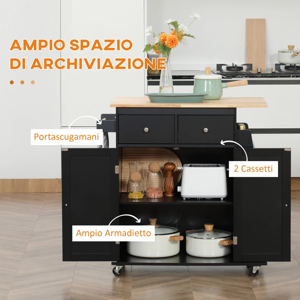 Carrello da Cucina con Armadietto, 2 Cassetti e Portaspezie, Isola da Cucina in Legno, 89x45x89.5cm, Nero