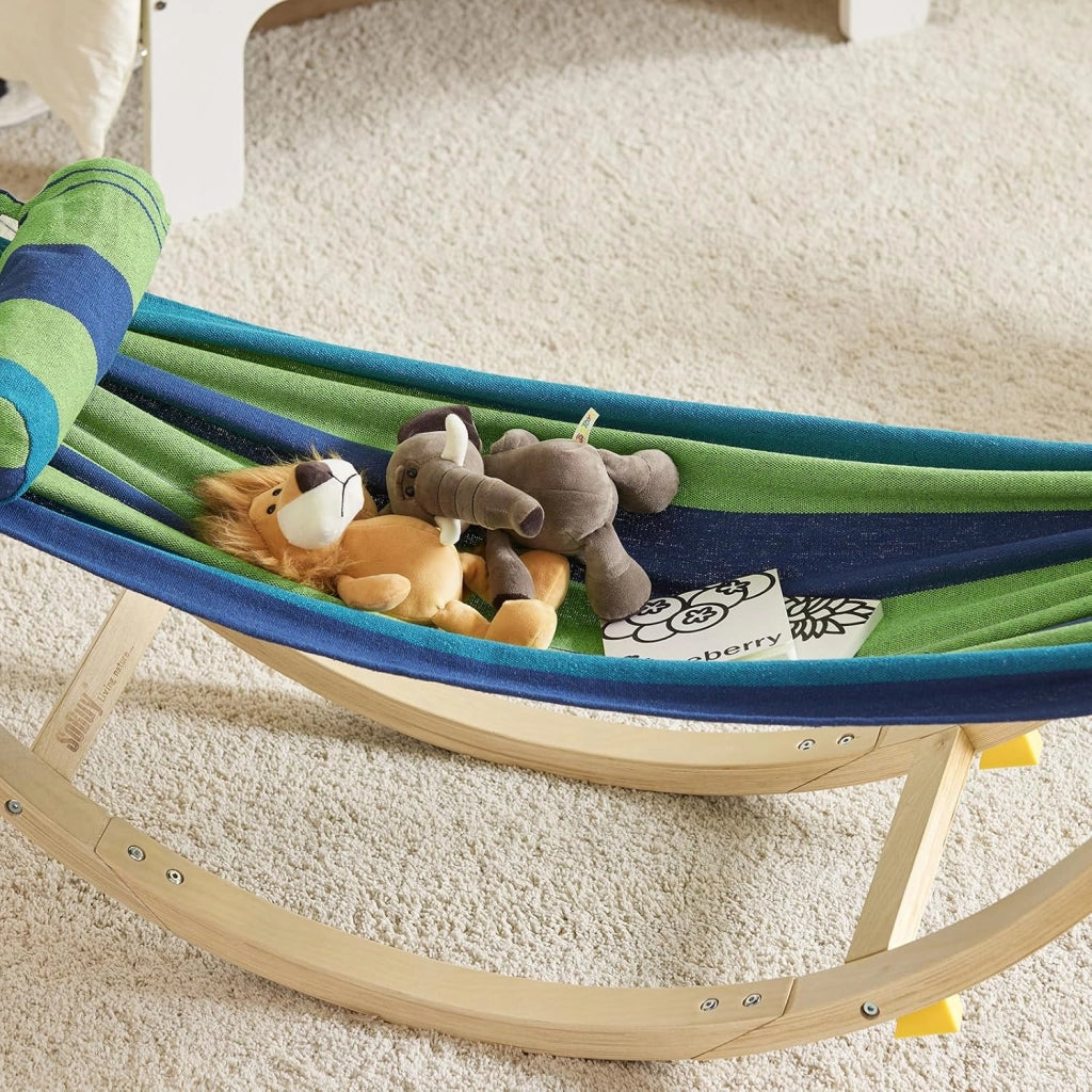 Amaca da Giardino Sdraio a Dondolo per Bambini Poltroncina per Bambini Lettino Prendisole in Legno con Dispositivi di Sicurezza per Cameretta o Giardino 122x36x48cm KMB16-J
