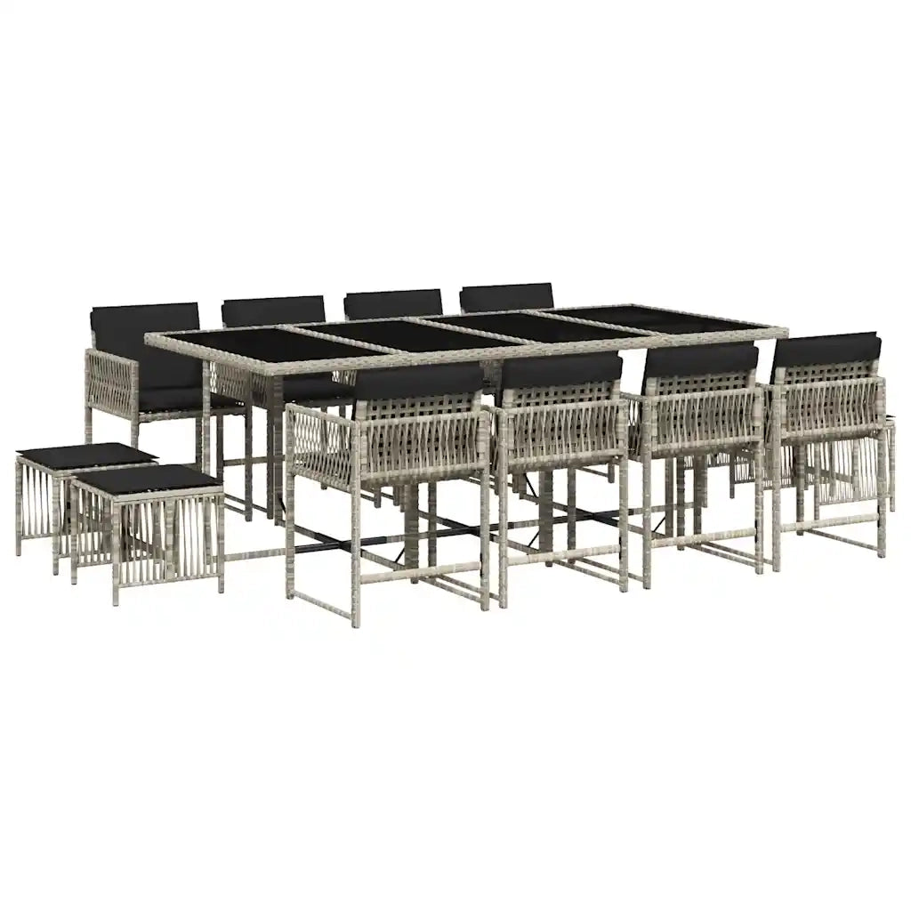Set da Pranzo da Giardino 13pz con Cuscini Grigio in Polyrattan