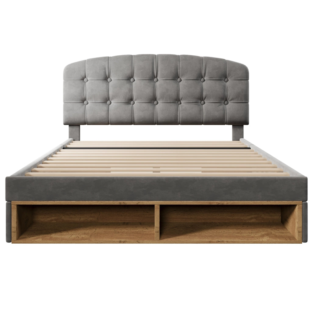 Letto imbottito 140x190 cm con testiera regolabile e cassetti; rete a doghe; velluto grigio