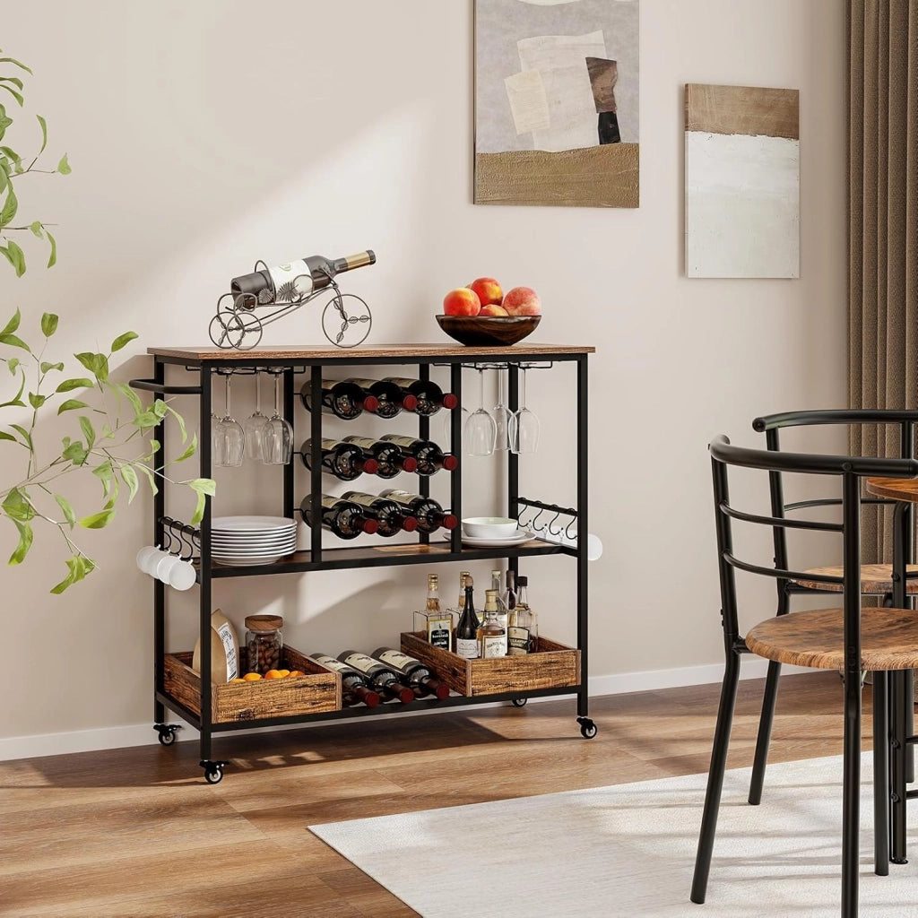 Carrello Bar a 3 Livelli, Carrello Portabevande con Portabicchieri, Portabottiglie, 8 Ganci e 2 Scatole Portaoggetti, Carrello di Vino per Cucina, Sala da Pranzo e Soggiorno