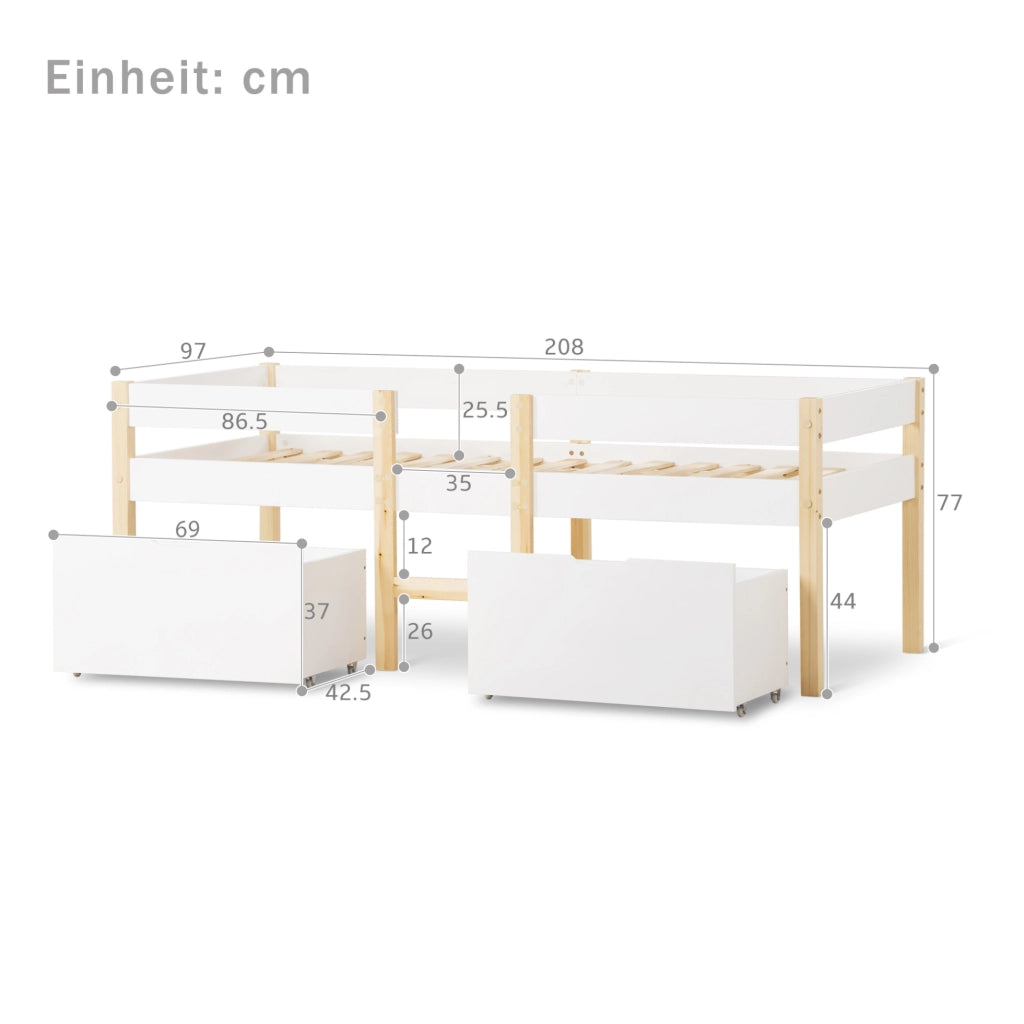 Letto per bambini 90x200 cm; rialzato con sponde; legno bianco (Senza materasso)