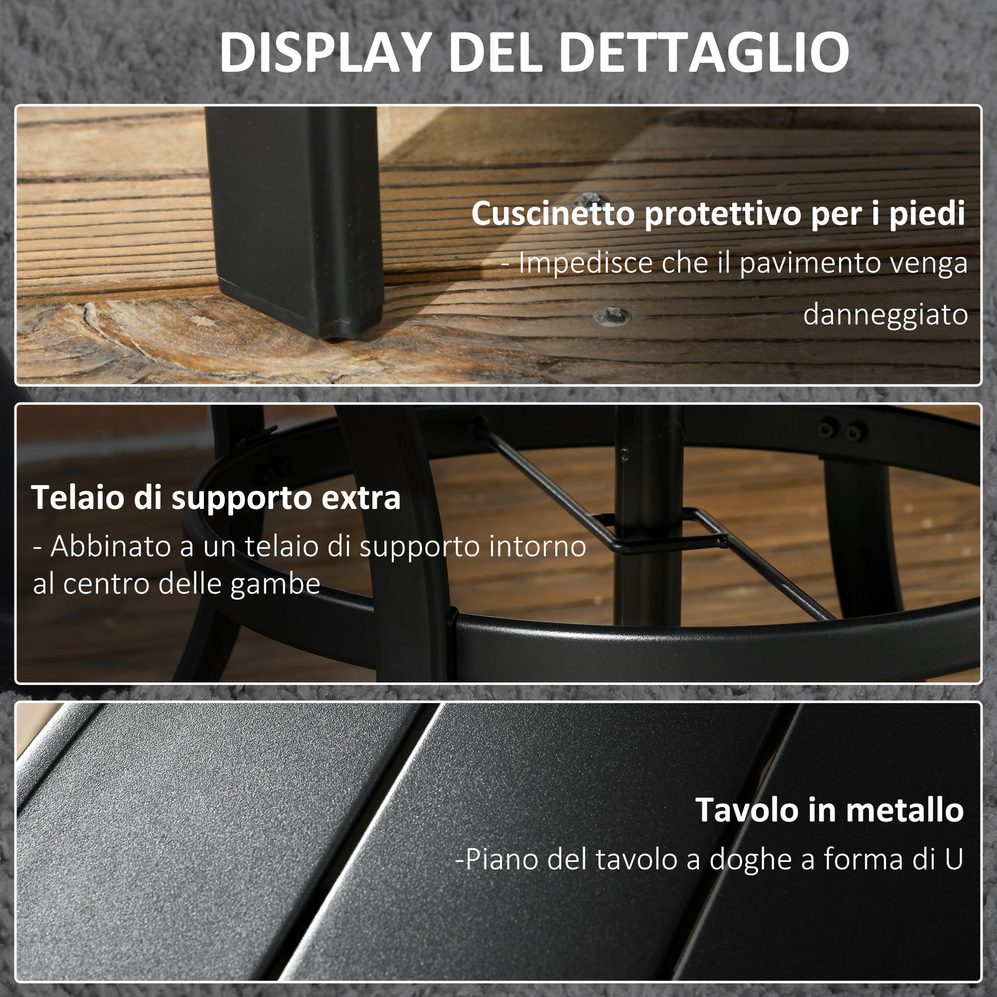 Tavolo da Giardino Rotondo per 4 Persone Ø115x72cm con Foro per Ombrellone e Doghe in Metallo Nero