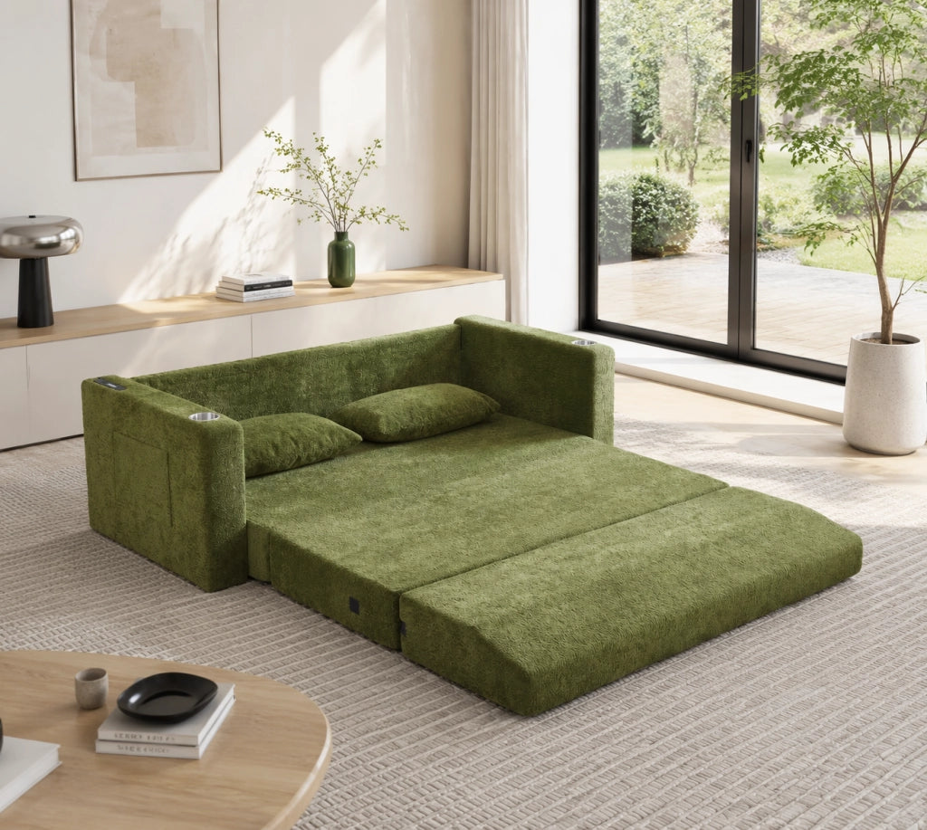 Divano letto 153x77x65 cm in velluto verde per piccoli spazi， 2 posti