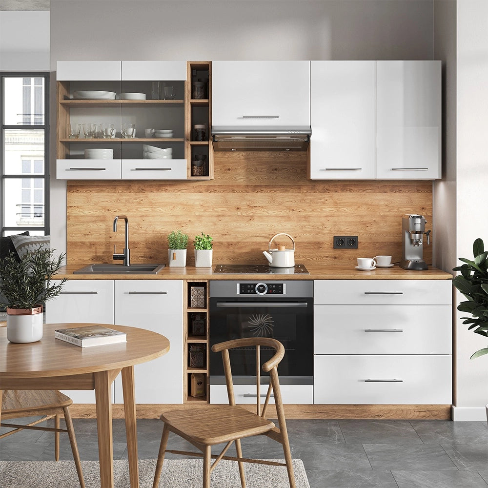 Cucina componibile Fame-Line Bianco lucido/Rovere dorato 235 cm, PL Marmo Vicco