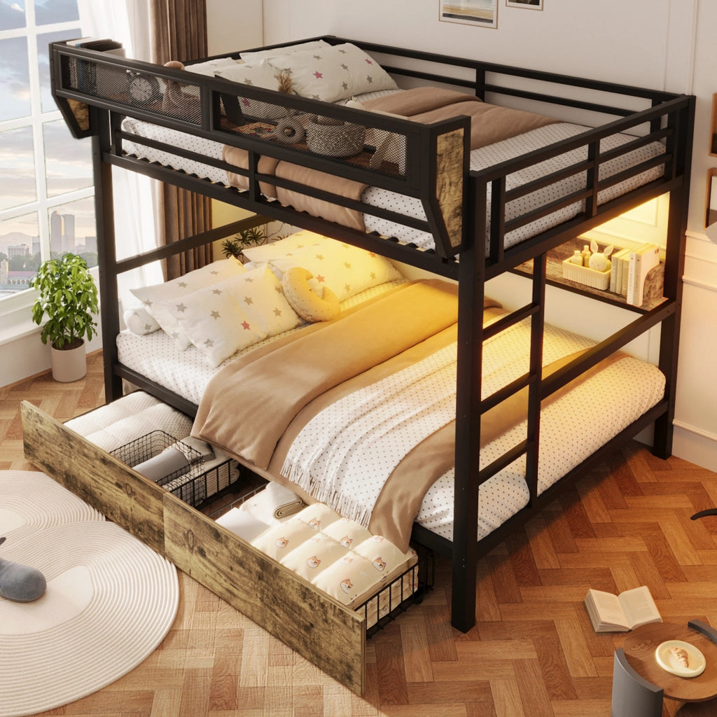 DESMIU Letto a castello 140 × 200 cm 2 posti con ripiano, cestino, 2 cassetti e LED, senza materasso, nero