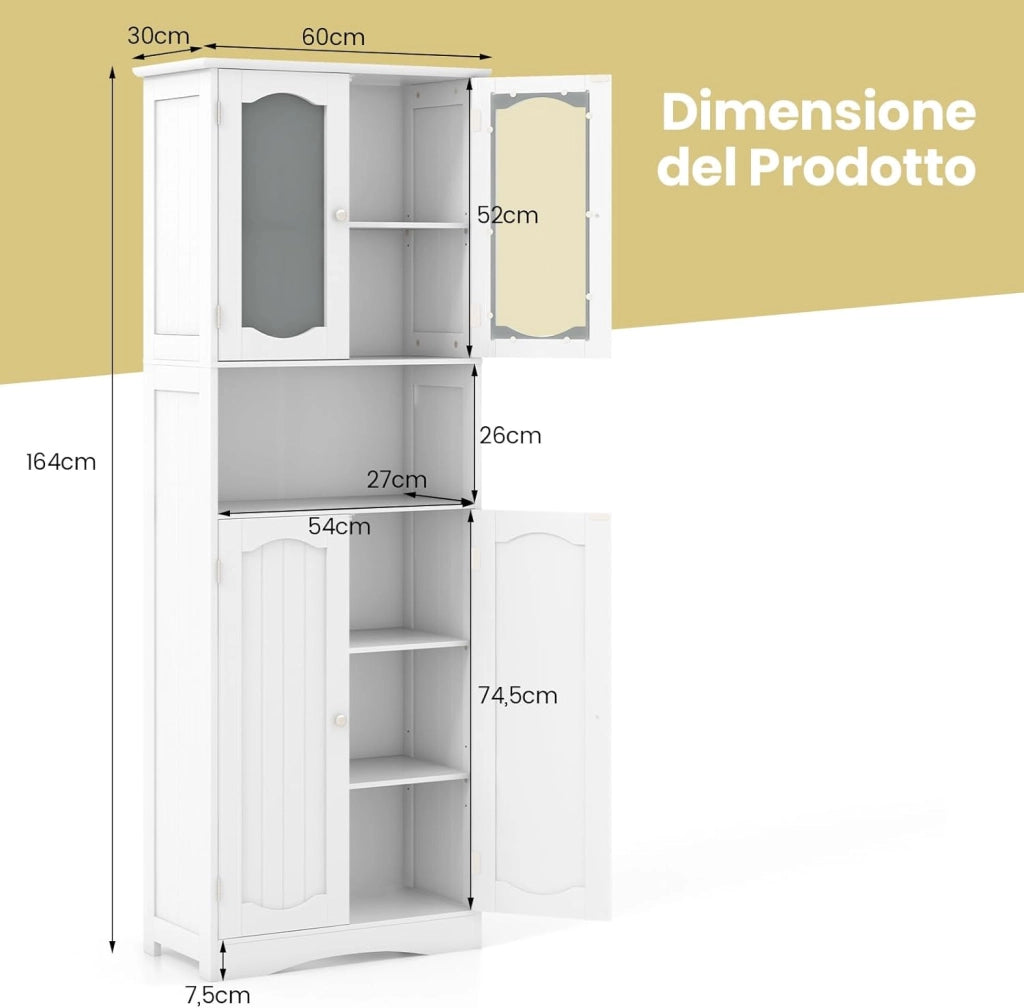 Armadietto Salvaspazio 60 x 30 x 164cm, Mobile Bagno con Scomparti Aperti, Ripiani Regolabili e 2 Porte in Vetro Temprato, Armadio da Bagno per Ufficio, Soggiorno e Camera da Letto (Bianco)