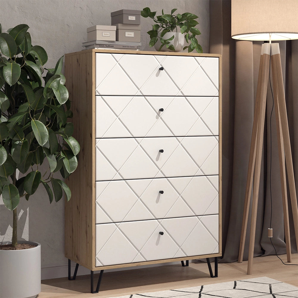 Vicco Cassettiera per camera da letto Artigianale/Bianco 80.2 x 127.4 cm con 5 cassetti