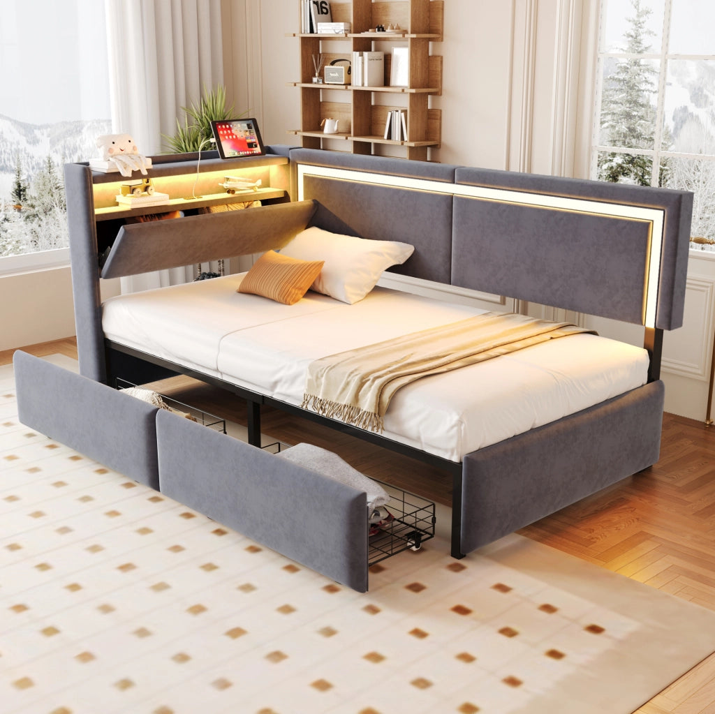 Divano letto 90x200 cm con LED, USB e contenitore in velluto grigio scuro