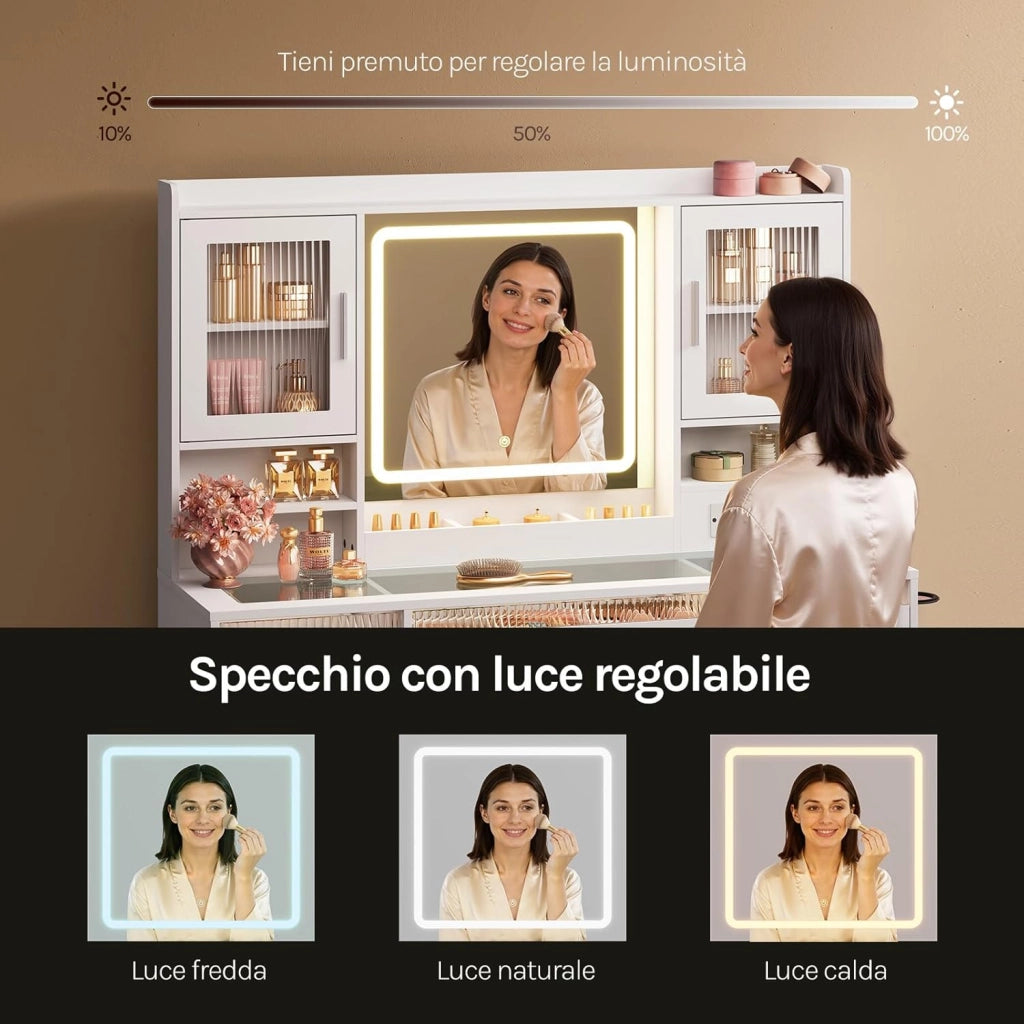 Toeletta con Specchio e LED Regolabili, 2 Armadietti con Ante e Luci RGB, 9 Cassetti e Multipresa, Piano in Vetro Temperato, Postazione Trucco, per Camera da Letto, Cabina Armadio, Bianco