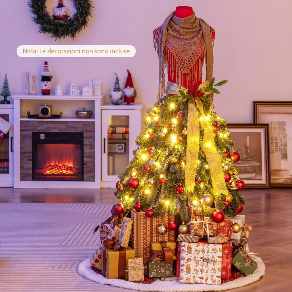 Albero di Natale Artificiale 150 cm con Manichino Pre-Illuminato, Albero di Natale a Forma di Abito con 248 Punte di Rami, 100 Luci a LED Bianche Calde, Sciarpa Rimovibile