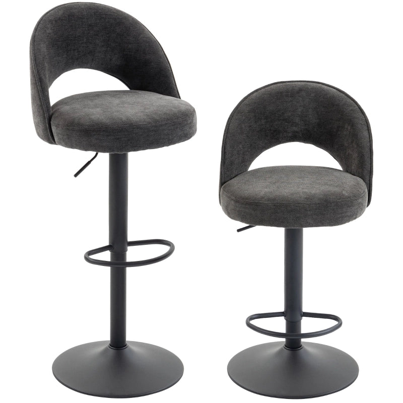 Set di 2 sgabelli da bar girevoli e regolabili in altezza, con schienale avvolgente e seduta in chenille, grigio scuro