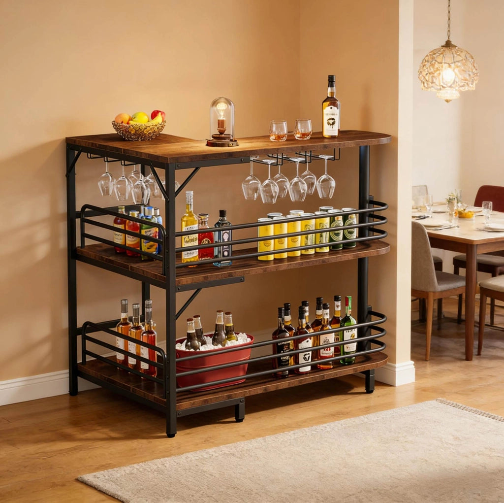 Banco bar angolare ULEVR 120x90x110 cm con 2 ripiani aperti e 6 portabicchieri, nero e marrone rustico