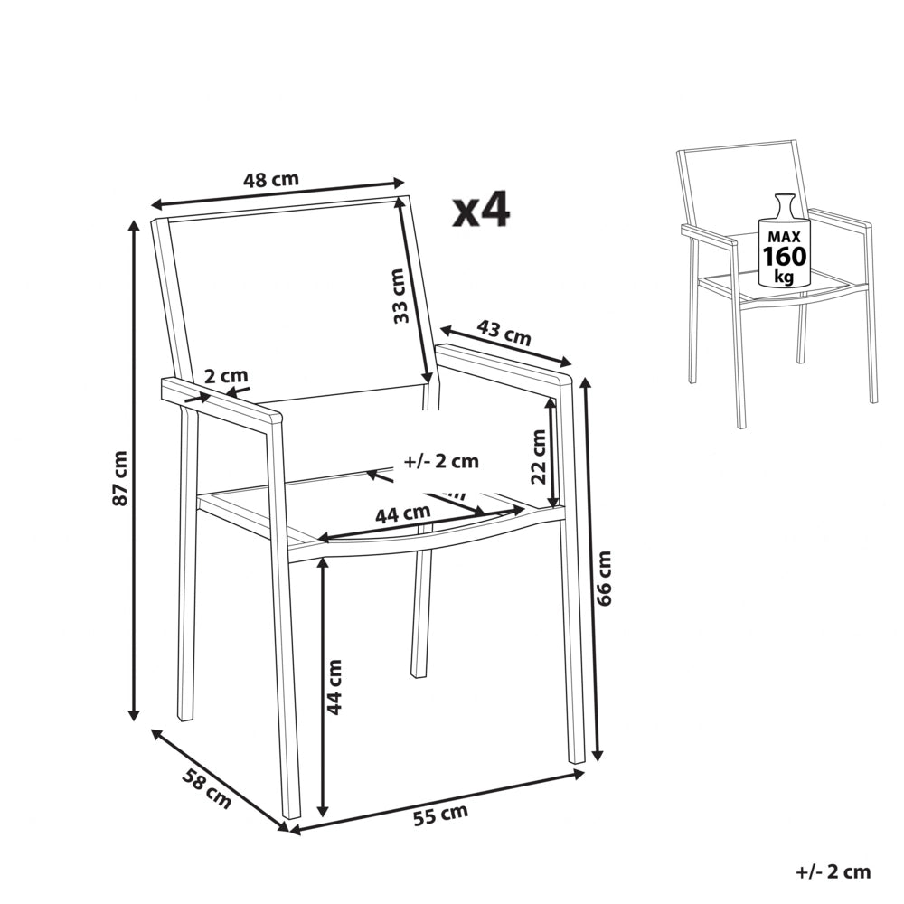 Set di 4 Sedie da Pranzo da Giardino Seduta in Tessuto Bianco e Argento Gambe in Acciaio Inox Impilabili da Esterno