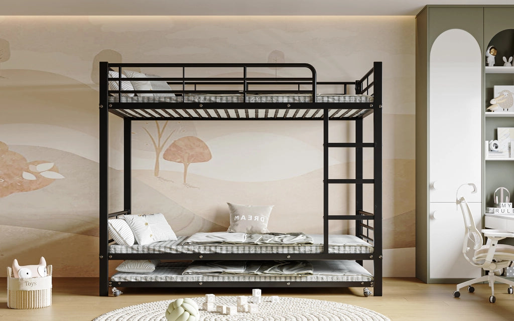 Letto a castello 90 × 200 cm e 90 × 190 cm con letto estraibile, senza materasso, in metallo, nero