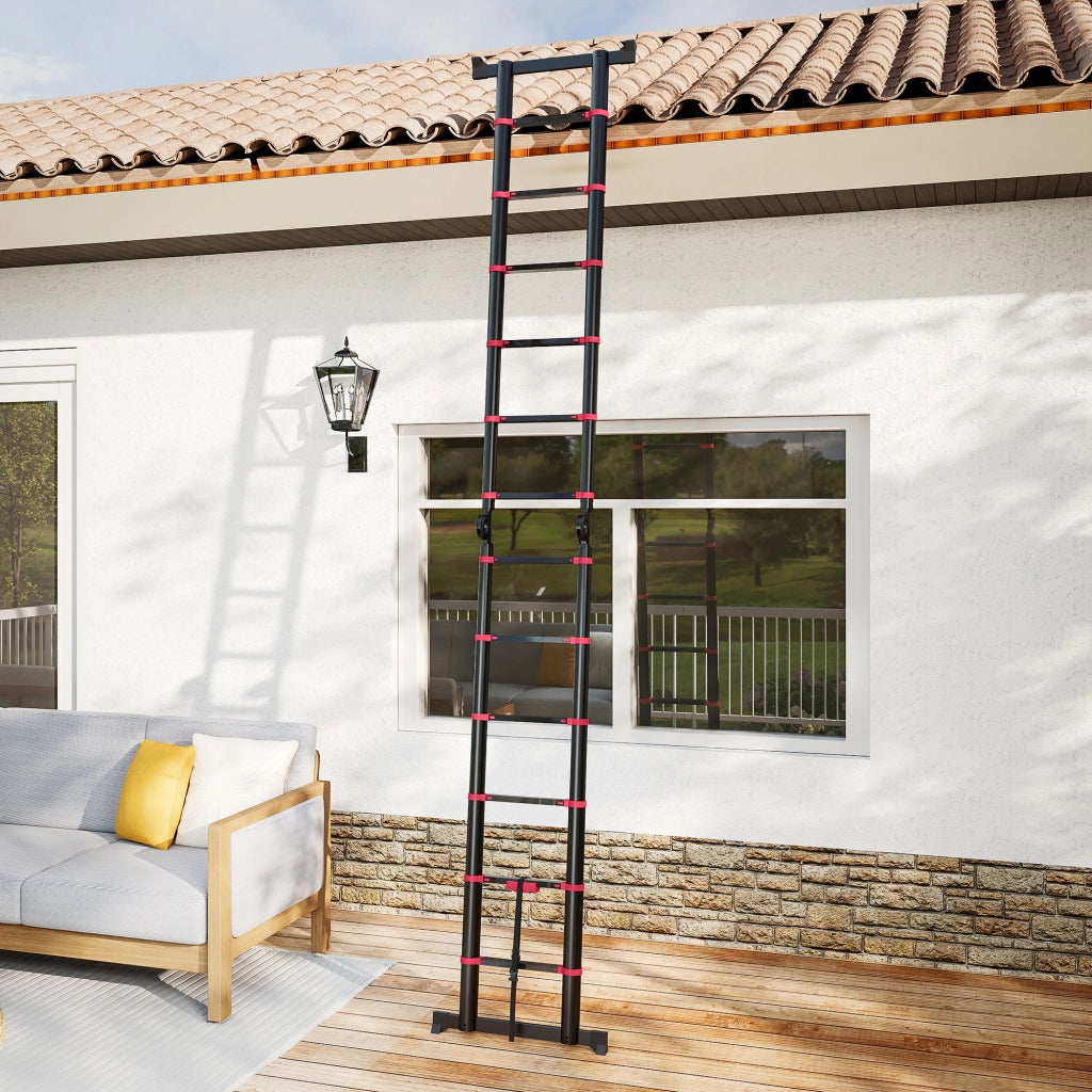 Scala Pieghevole in Alluminio 12 Gradini Antiscivolo 150 kg ¨C zephmum ¨C 379x67.5x11 cm Nero e Rosso